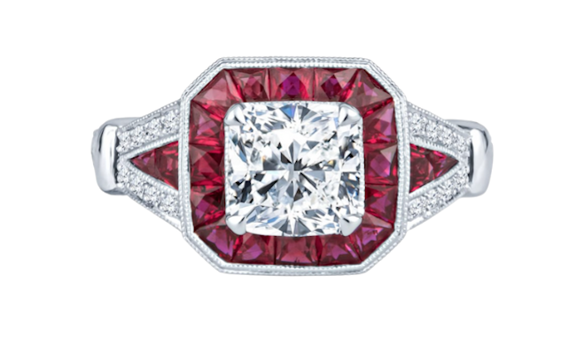 Ruby halo engagement ring from Shaftel Diamonds. 