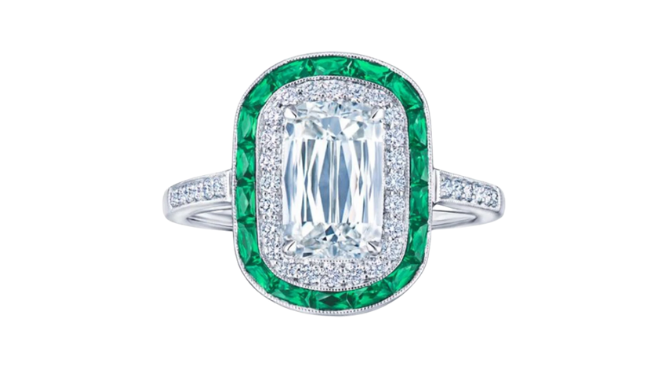 Emerald and diamond halos engagement ring from Thomas Markle Jewelers. 