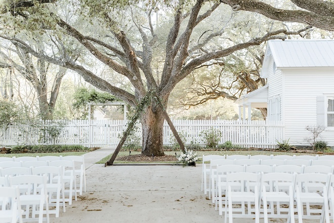 A ceremony setup in front of a large oak tree at The Pattison House. 