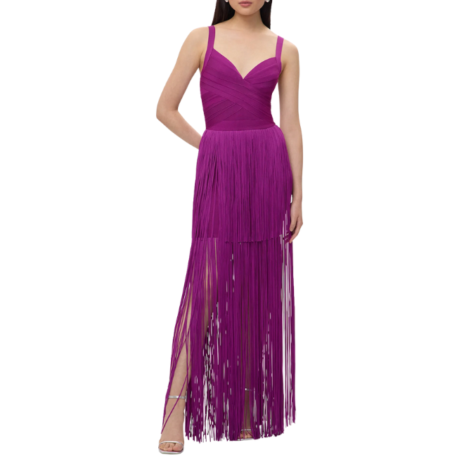 Cocktail wedding attire by Herve Leger is magenta and has fringe. 