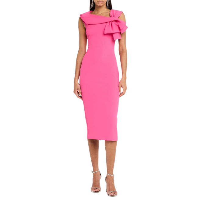 A bow-front pink midi dress for a cocktail wedding attire. 
