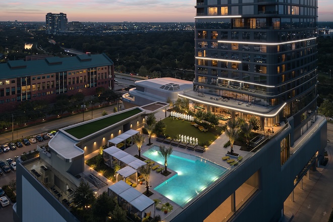 An aerial view of the pool terrace of the Thompson Houston, by Hyatt. 