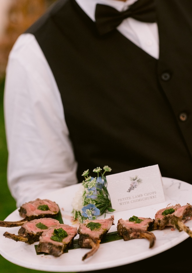 Café Natalie serves petite lamb chops with chimichurri sauce at an outdoor wedding. 