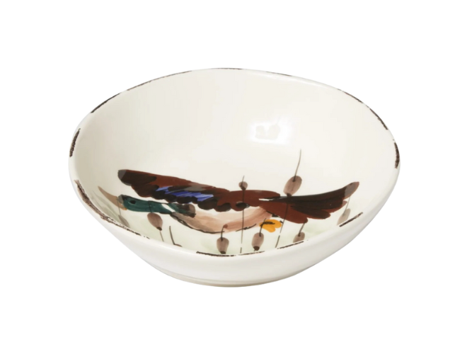 A pasta bowl with a wildlife mallard painted in the center.