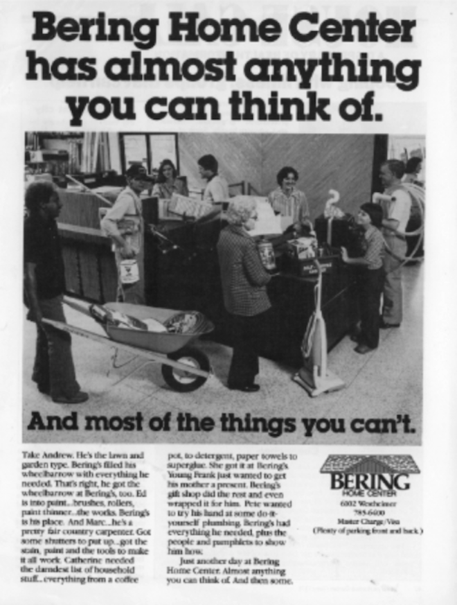 A newspaper clipping of a Bering's ad. 