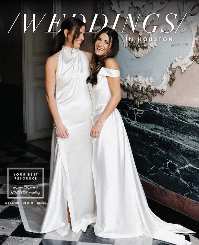 Two brides smile in their wedding dresses at their Lake Como wedding.