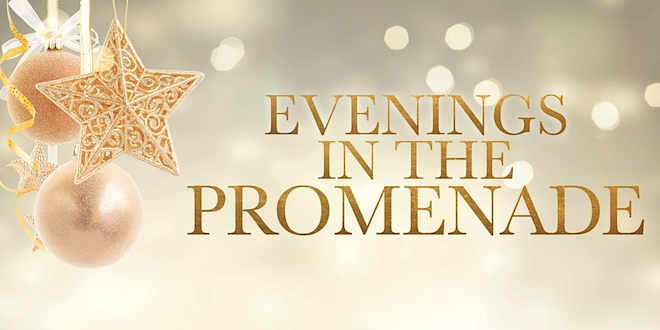A graphic with ornaments that says "Evenings in the Promenade" 
