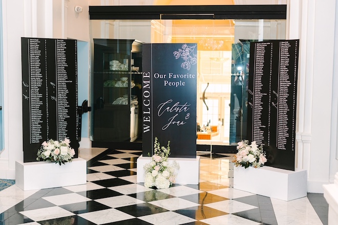 Black and white signs of the guest lists that reads "Welcome, Our Favorite People, Calista & Ivan."