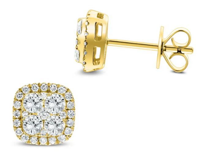 Cluster diamond earrings with yellow gold. 