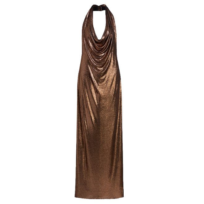 A metallic jersey gown by Halston for New Year's Eve wedding attire.