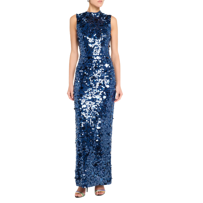 A blue sequined sleeveless mock-neck gown by Carolina Herrera. 