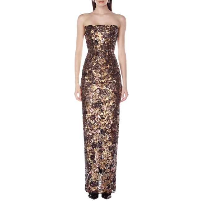 A sequined gold gown by Bronx and Banco for New Year's Eve wedding attire. 