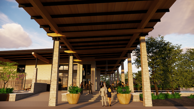 A rendering of the entryway of the Live Oak Pavilion. 