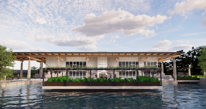 The lakeside patio rendering of the Live Oak Pavilion at Horseshoe Bay Resort. 