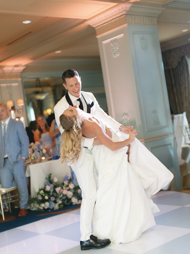 The bride and groom dance at their European countryside wedding at Hotel ICON. 