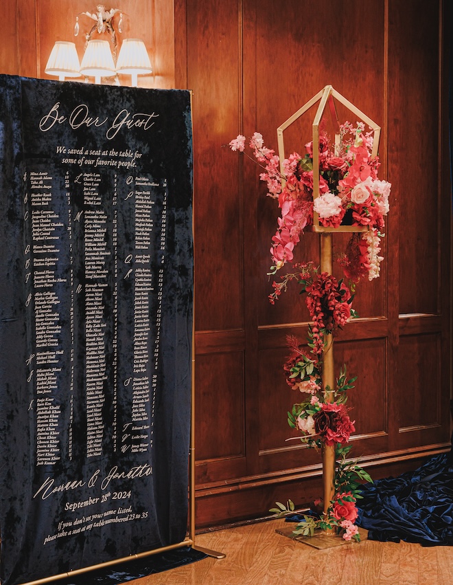 A blue velvet seating chart that says "Be Our Guest" - a Beauty and the Beast inspired detail. 
