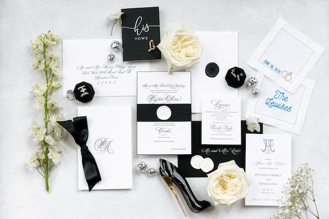 A black and white flat lay. 
