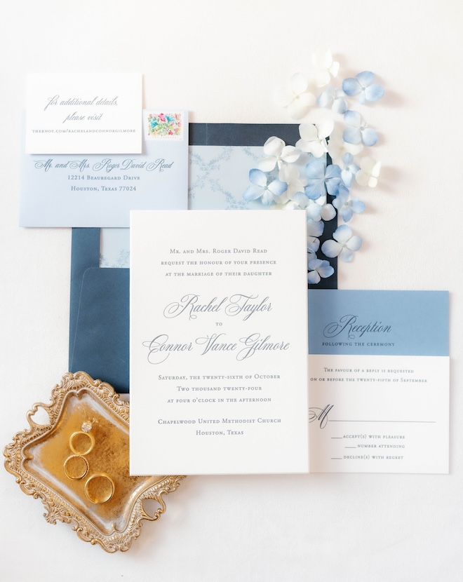 Blue and white wedding invitations and stationery by Bering's. 