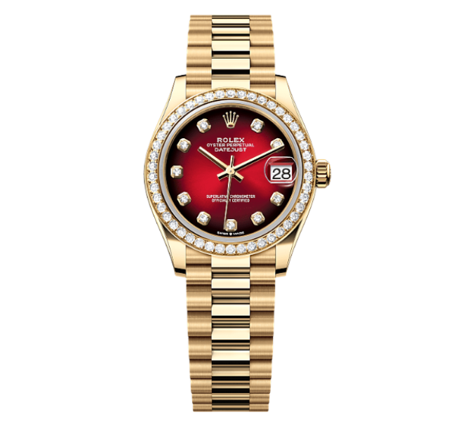 Gold rolex watch with a red face. 