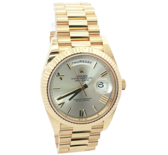 A gold Rolex Day Date watch from Shaftel Diamonds is a men's watches for weddings