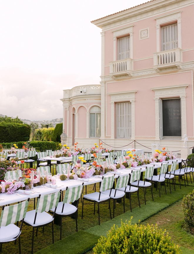 An outdoor wedding reception on the French Riviera.