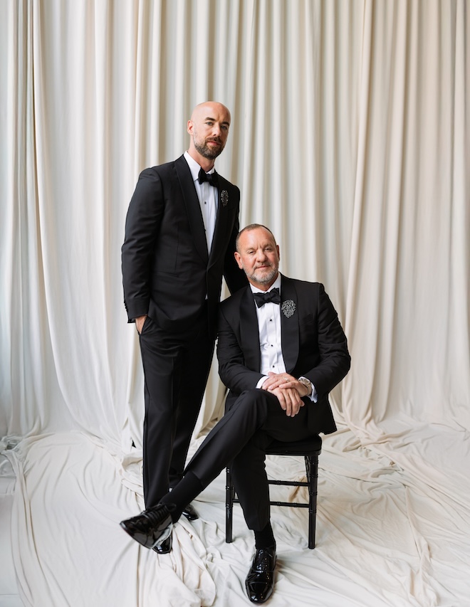 The two grooms have a sophisticated black tie wedding at the Corinthian Houston.