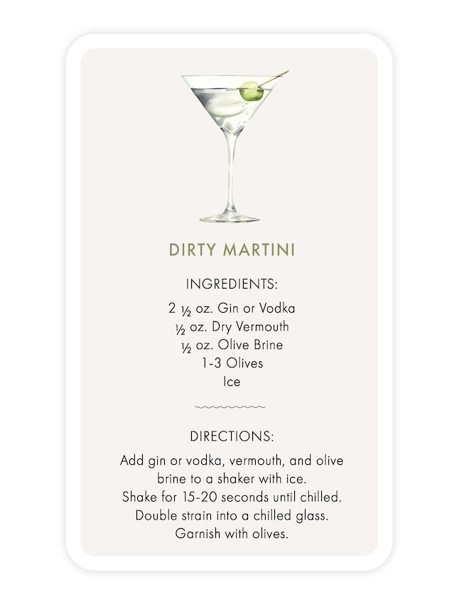 A dirty martini recipe card. 