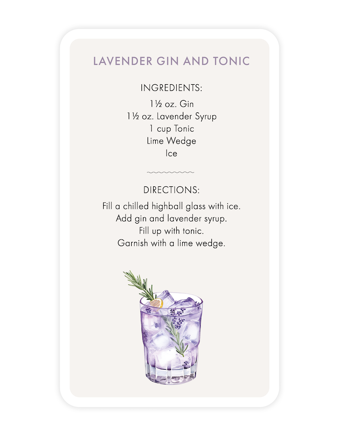 A lavender gin and tonic recipe card. 