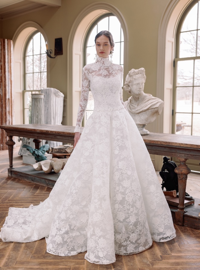 A 2026 designer wedding gown by Sareh Nouri with lace florals. 