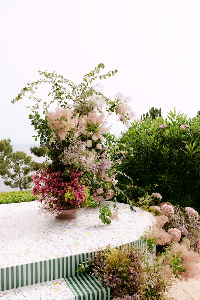 Close up of deep romantic purple florals at the altar for French Riviera destination wedding.