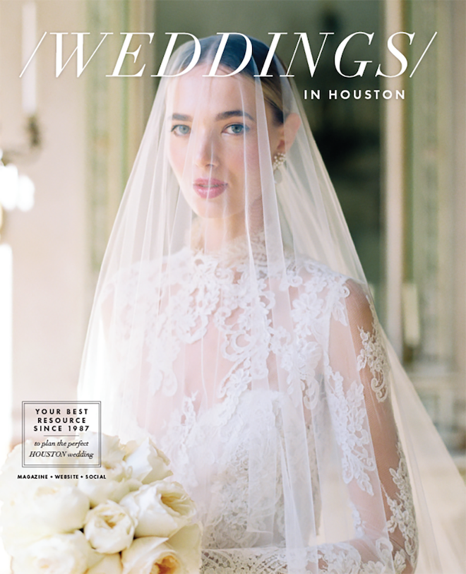 A sunlit bride takes center stage from a Lake Como editorial on the cover of Weddings in Houston magazine.