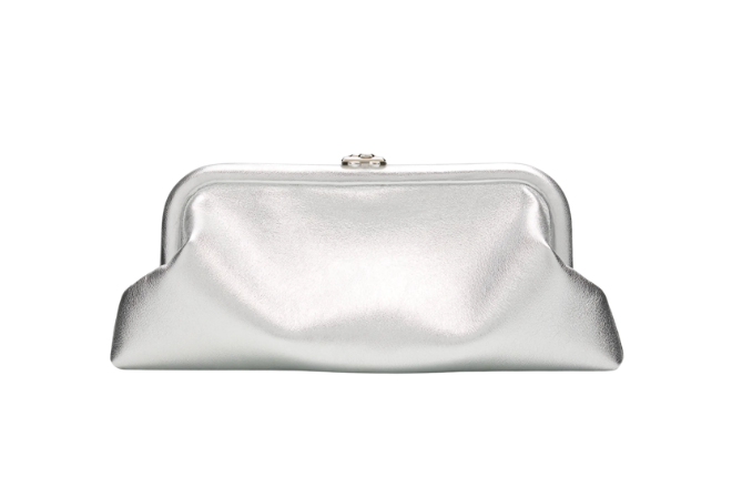 A silver metallic leather clutch by Jimmy Choo. 