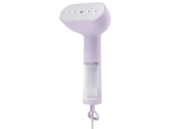 A purple handheld steamer from Crate&Barrel. 