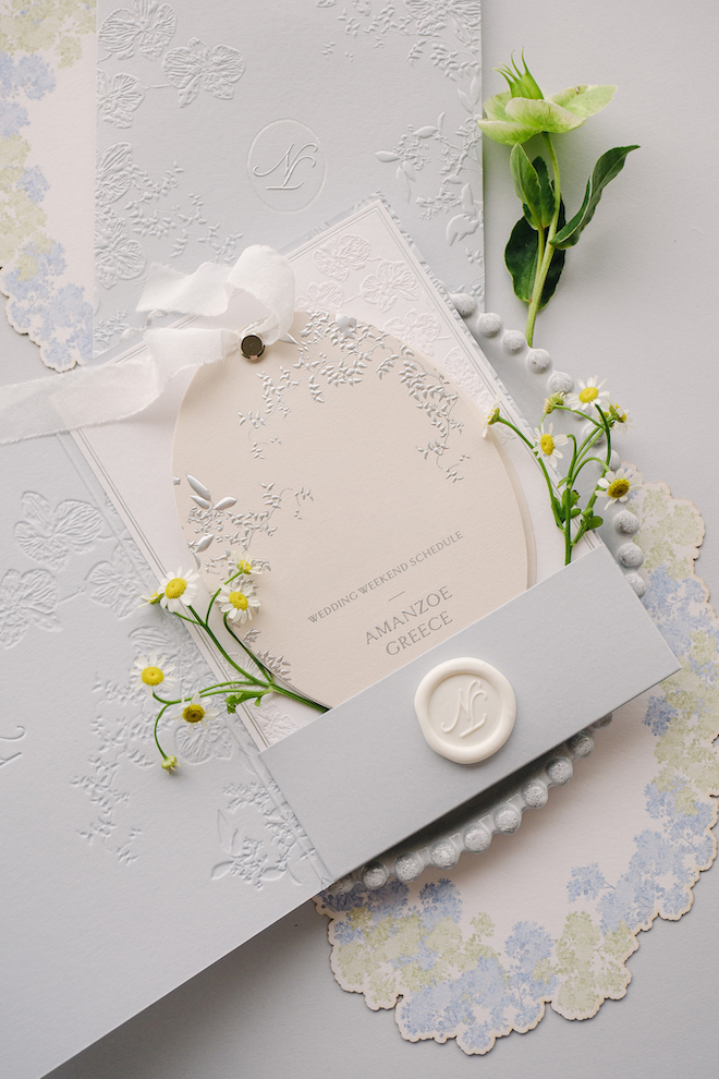 Blue and white detailed and textured stationery for unique wedding invitation ideas.