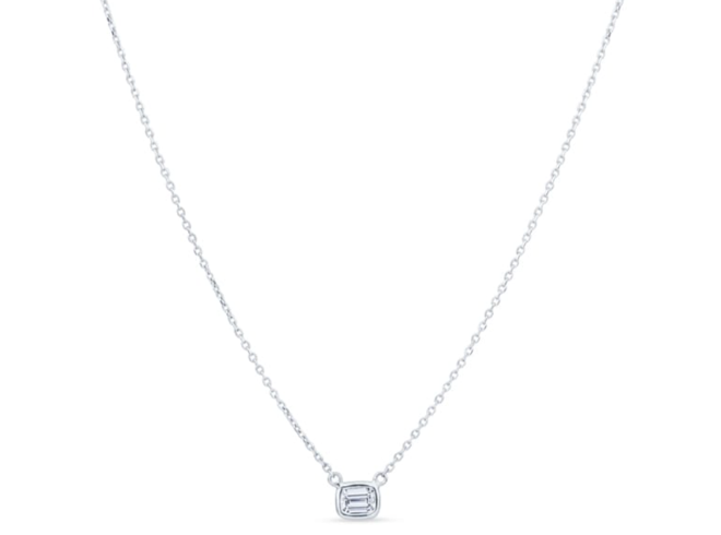 An emerald cut diamond pendant necklace by Shaftel Diamonds.