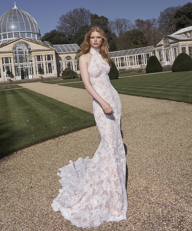 The model wears a lace halter neck wedding dress by Galia Lahav featured in her spring 2027 bridal looks. 