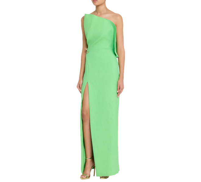 Green strapless dress with a slit for wedding guest beach attire.