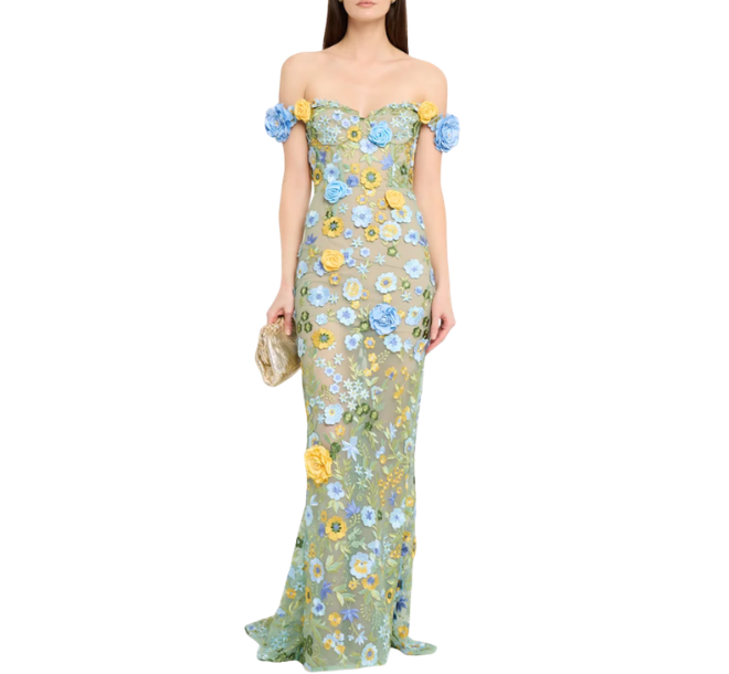 Low strapped sheer dress with blue and yellow textured florals.