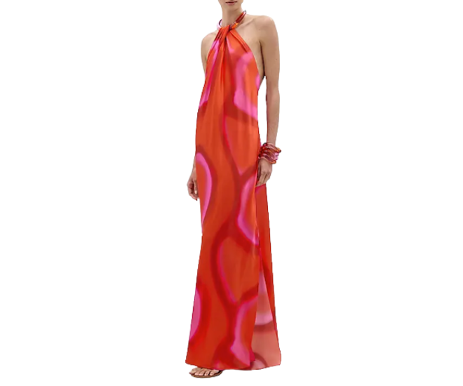 Red and pink long dress with high neckline.