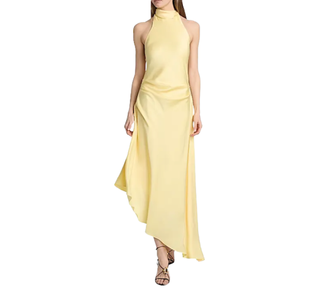 Butter yellow dress with high neckline and flowy bottom.