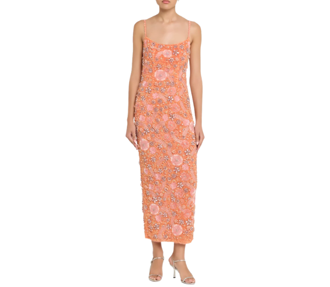 Orange spaghetti strap dress with floral details.