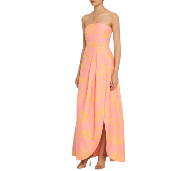 Light pink long dress with gold details accented all over.