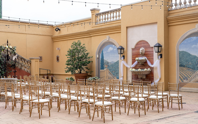 Outside venue with vintage details for a hill country ceremony.