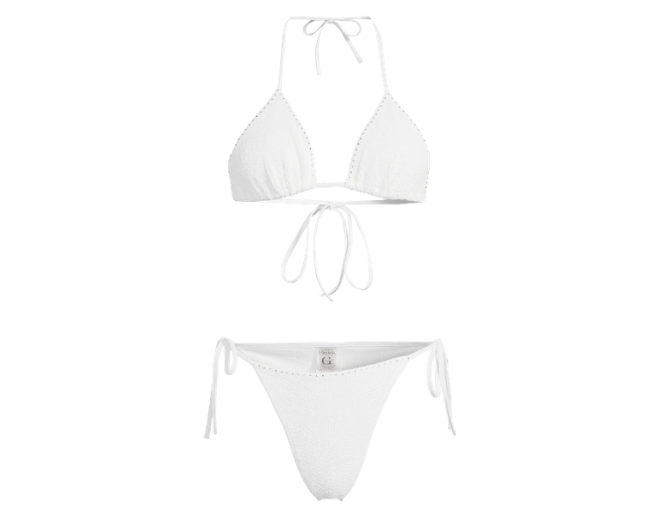 A white string bikini embellished with crystals.