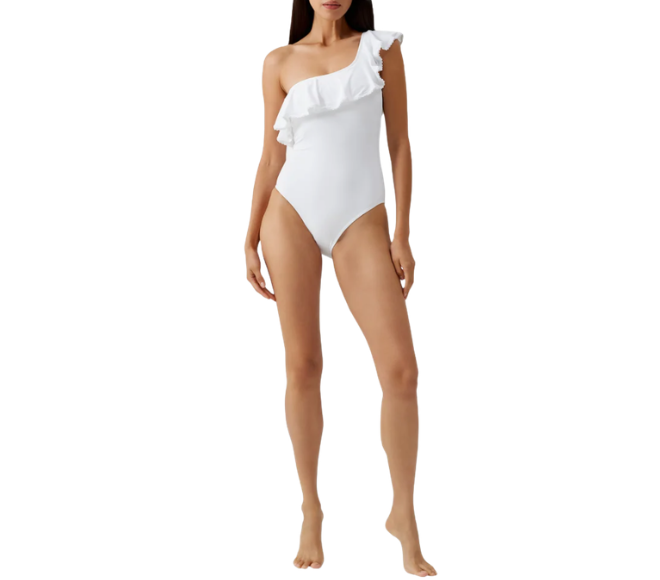 A one-piece asymmetrical swimsuit for a bridal swim look. 