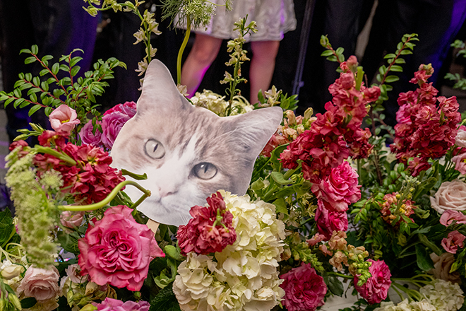 Cardboard cutouts of the couple's cat are placed in pink and green wedding florals.