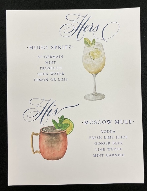 His and Hers cocktail sign that reads Hugo Spritz and Moscow mule with ingredients and little graphic pictures of the cocktails.