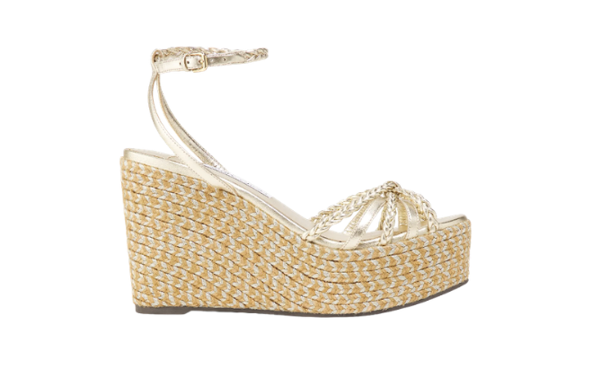 Metallic and leather wedged sandals by Jimmy Choo. 