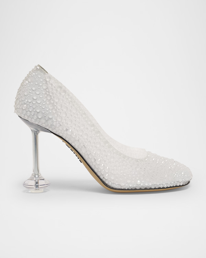 Mesh glass slipper pumps with crystal details.