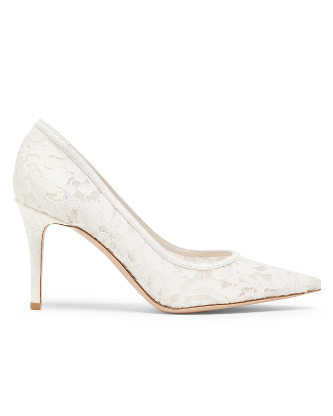 Simple white lace heels for bridal shoes to wear down the aisle.